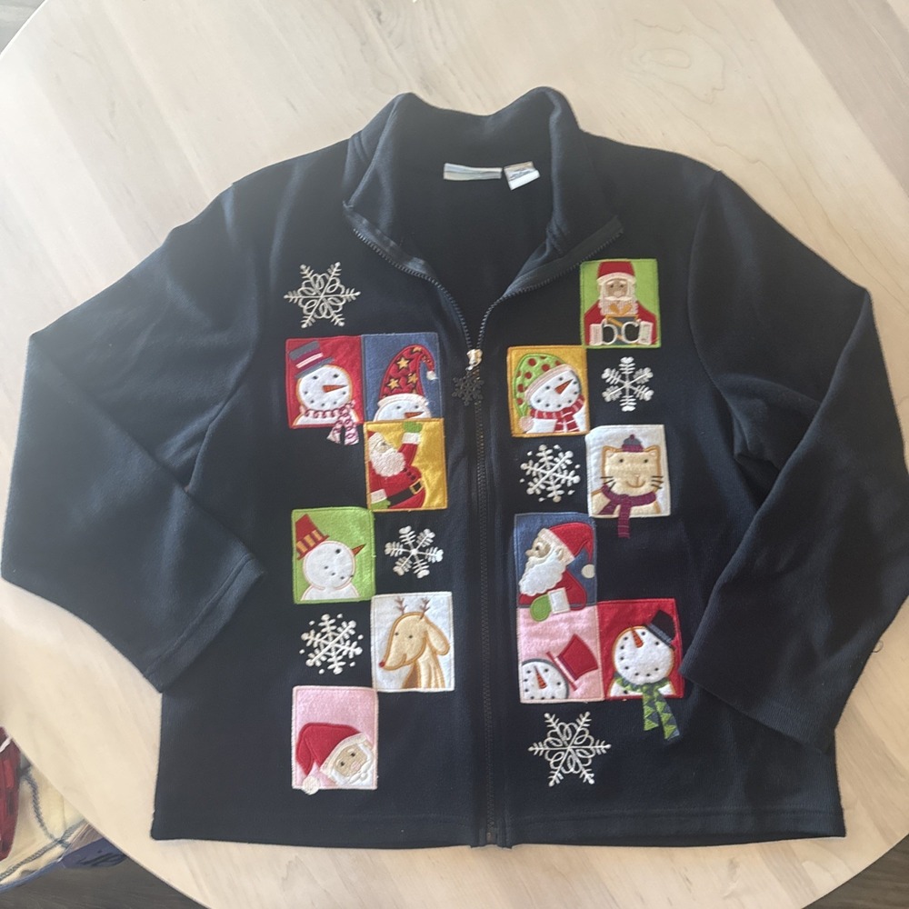 Onque Casuals Jacket Womens Large Black Christmas Applique Embroidered Zip Up